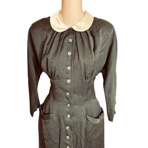 Vintage 40s 50s R&K Black Pleated Satin Collar Wiggle Dress Nip Waist Pockets M